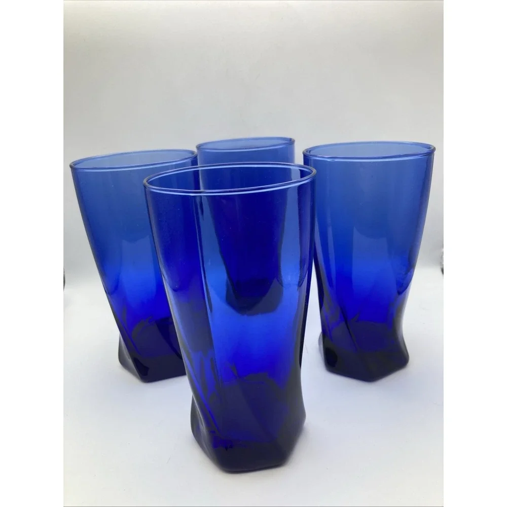 New Set of 4 Anchor Hocking Sybil Cobalt Blue Twisted Hexagon Base Glasses 15oz